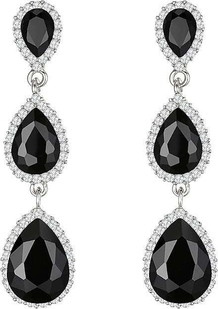 Austrian Crystal Teardrop Pear Shape 2.5 Inch Silver Tone Deep Black French Wire