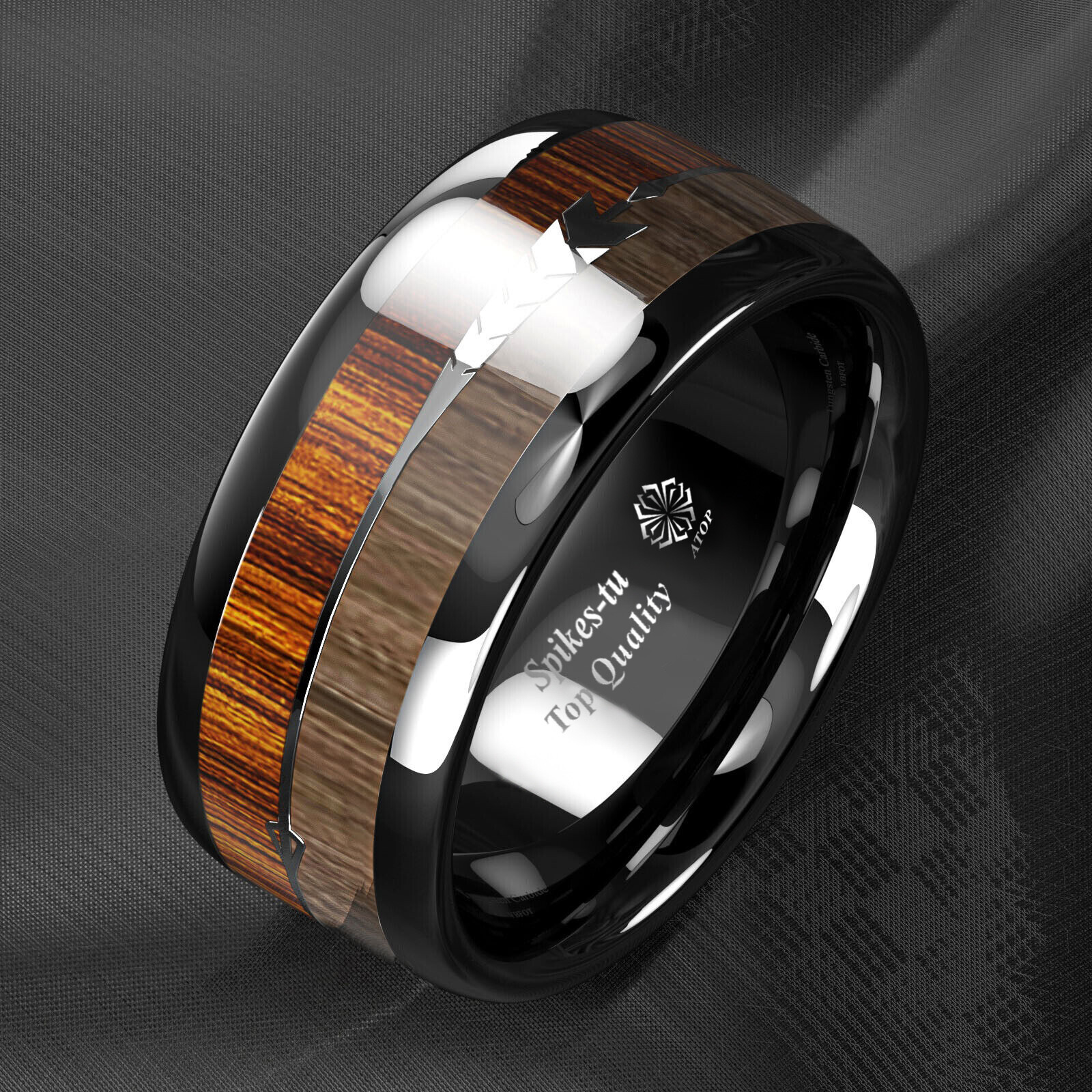 8/6mm Black Dome Tungsten Ring 2 Style Wood Arrow Wedding Band ATOP Men Jewelry