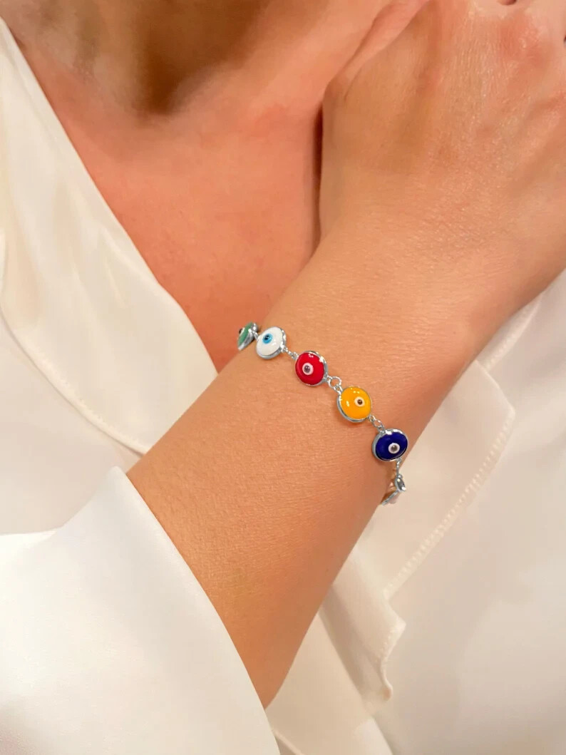 Solid 925 Sterling Silver 10MM Multi-Color Crystal Evil Eye Bracelet – 7.5″