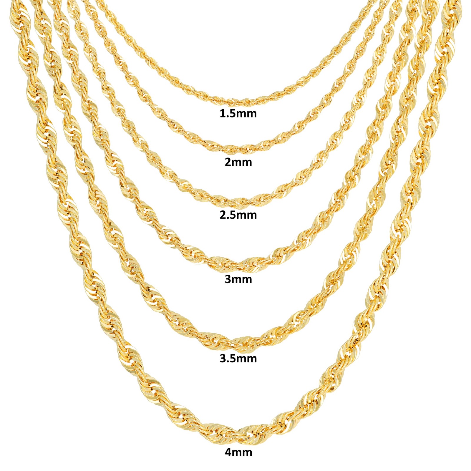 14K Yellow Gold 1mm-4mm Light Diamond Cut Rope Chain Necklace Men Women 16″- 30″