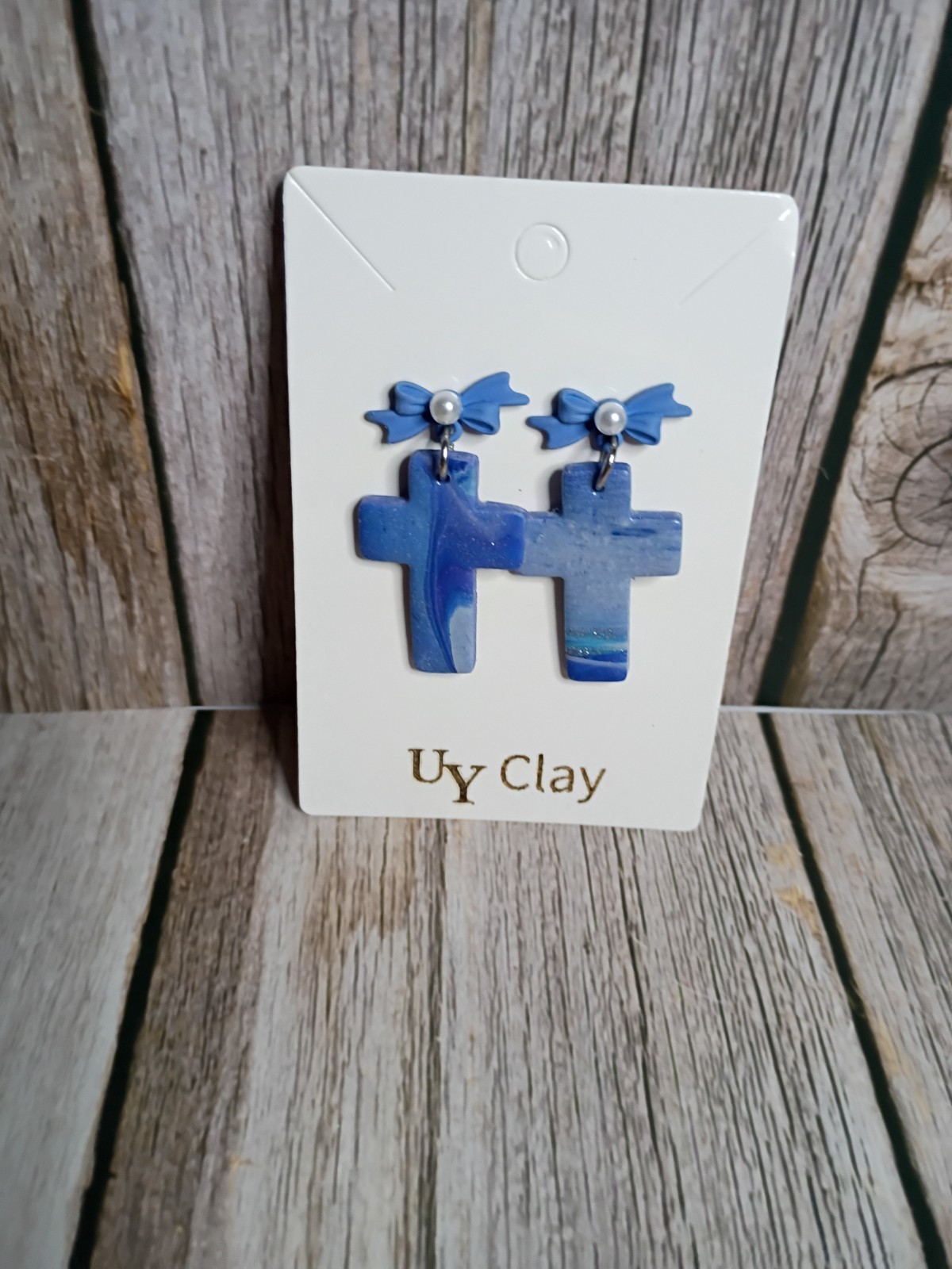Handmade Blue Marbled Cross Ribbon Bow Polymer Clay Earrings – Hypo-allergenic