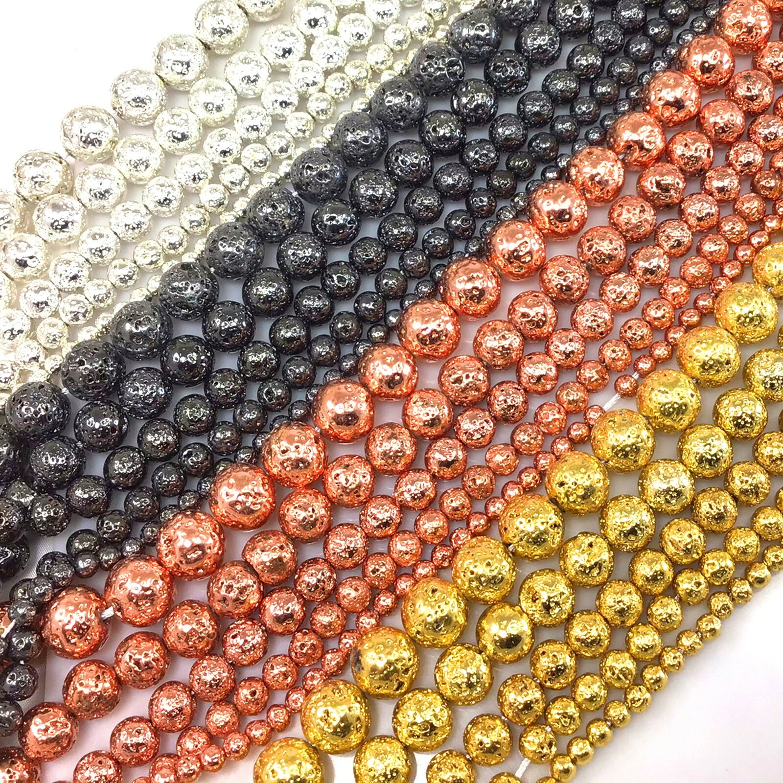 Lava Round Bead Natural Volcanic Titanium 4 6 8 10 12 Metallic Coated 15″ Strand