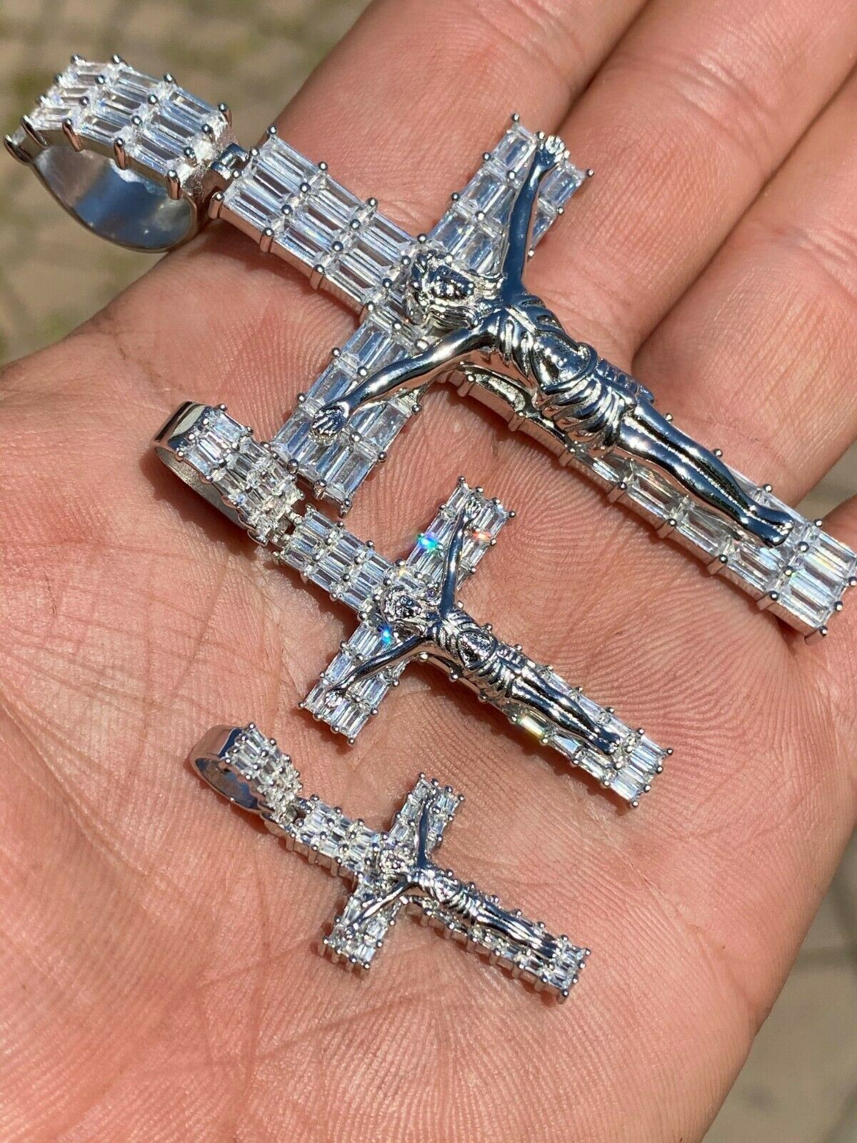 Solid 925 Sterling Silver Cross W. Jesus Pendant Baguette Iced CZ Necklace Big
