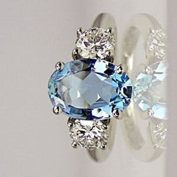 Women’s Stunning Wedding Ring Oval Simulated Aquamarine In 14K White Gold Plated