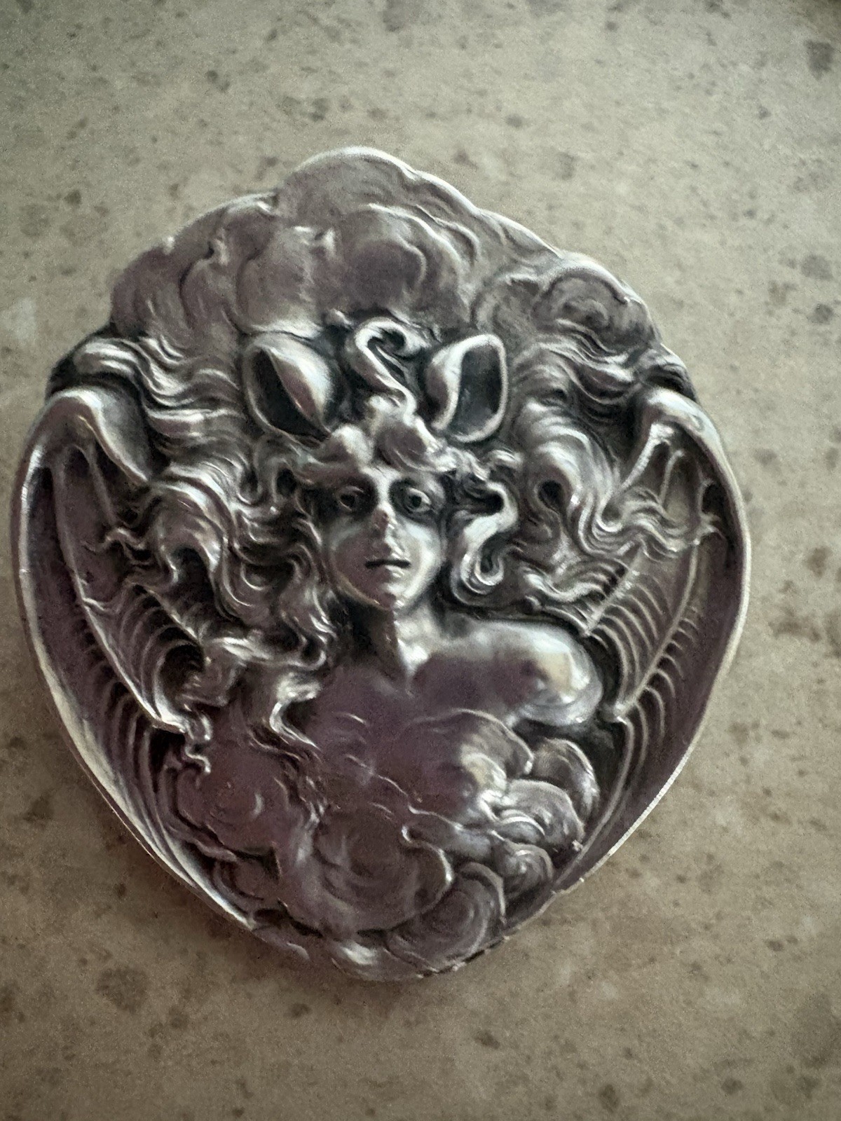 Bat Girl Art Nouveau High Relief Beauty Design Fine Sterling Silver