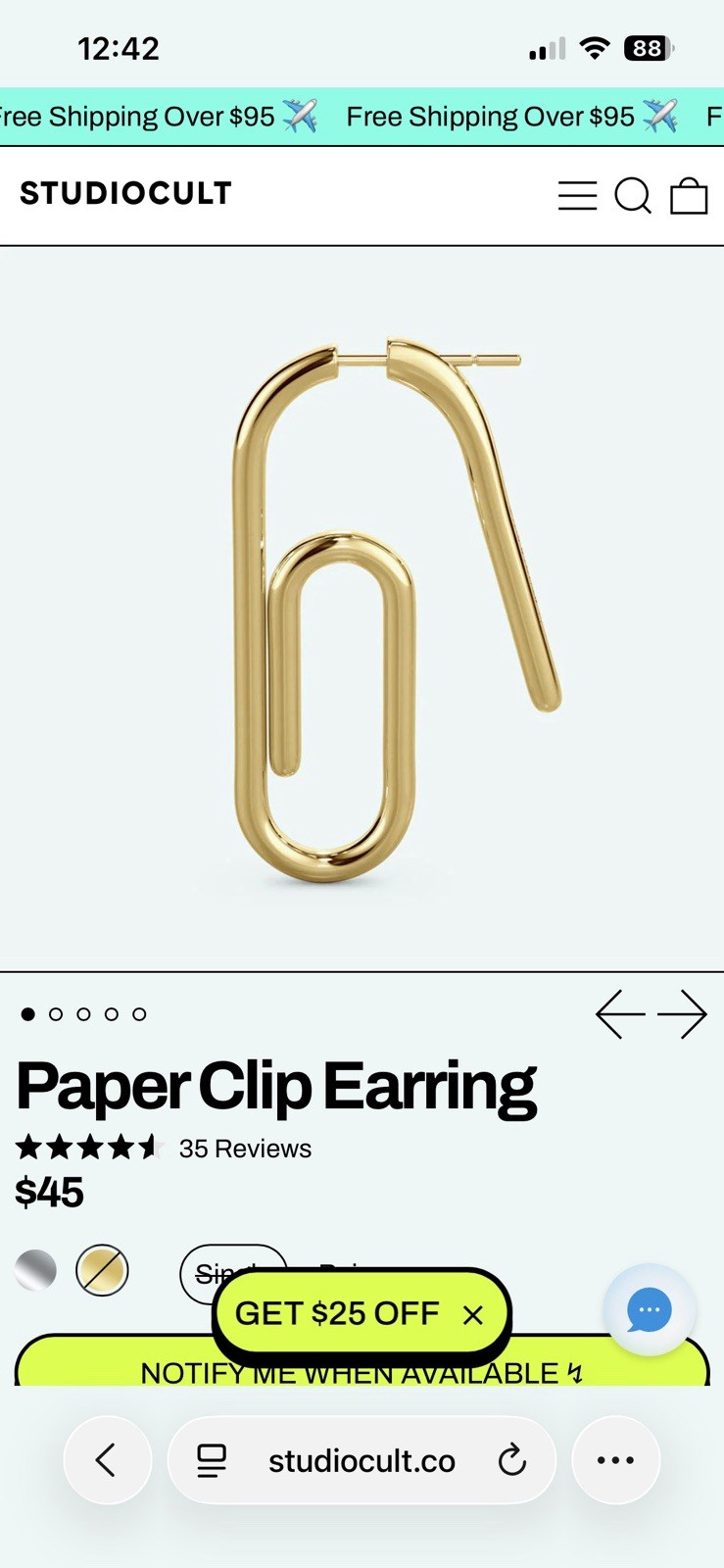 STUDIOCULT Paper Clip Dangle Earrings Gold Stainless Steel 4.5cm
