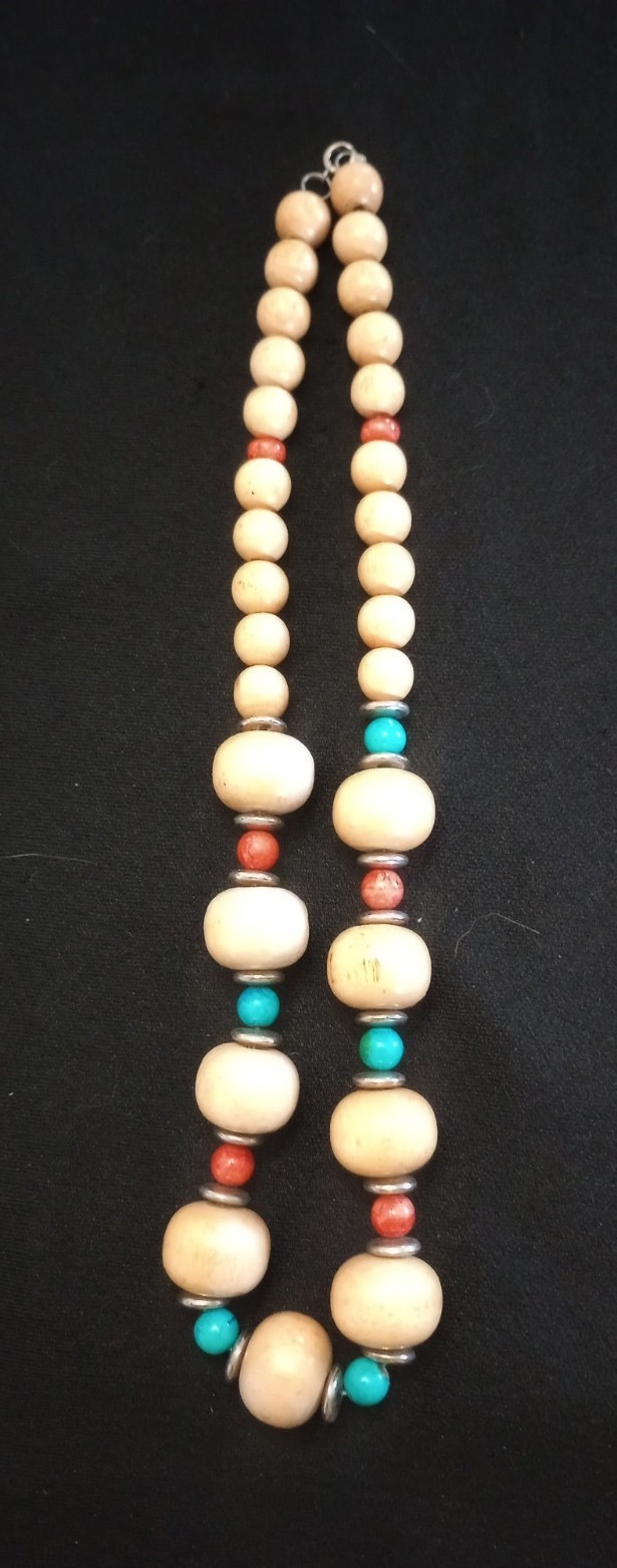Beige Wood Bead Necklace, Turquoise & Red Accent Beads, Ball/Bead Chain