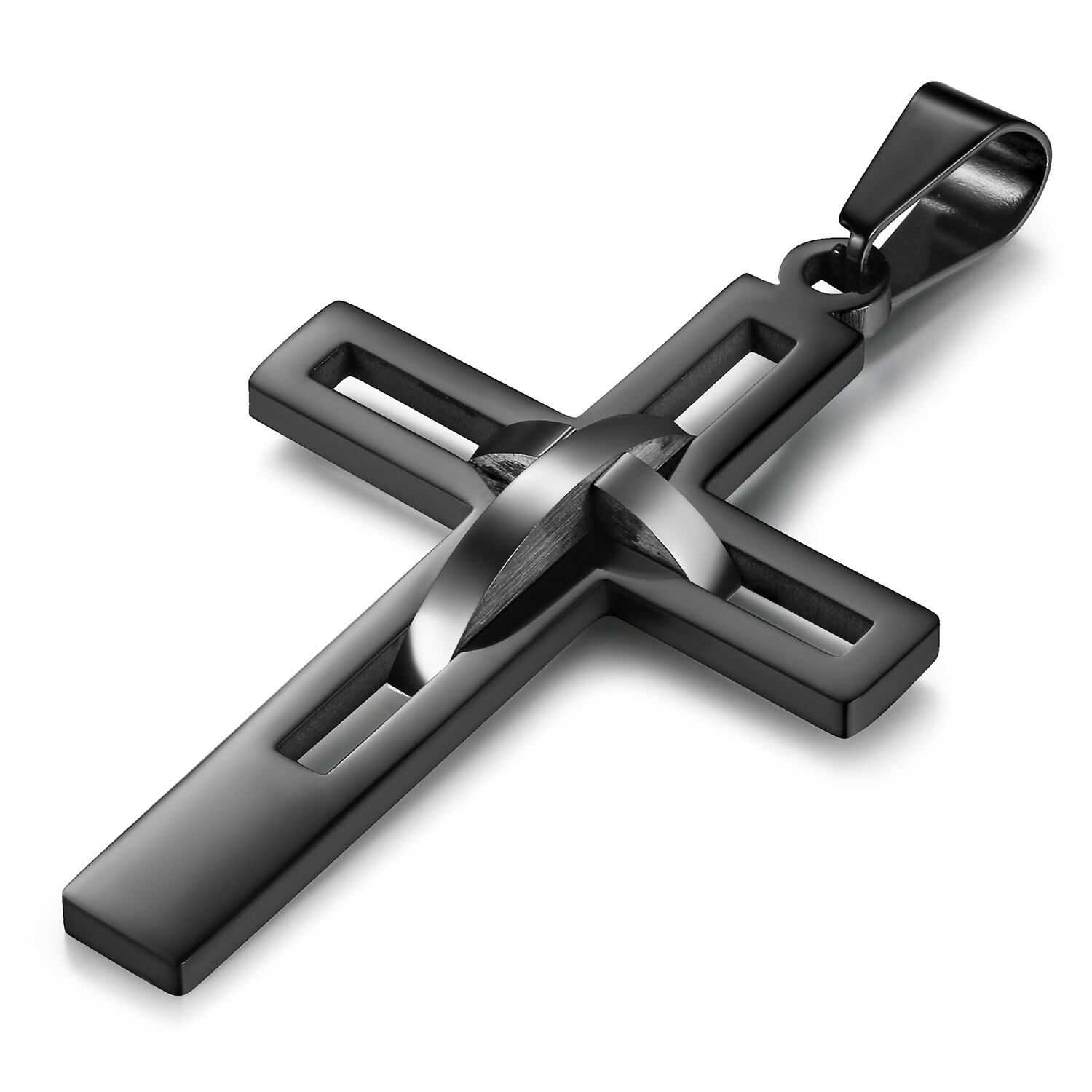 Men’s Black Silver Double Hollow Cross Stainless Steel Pendant Necklace Gift