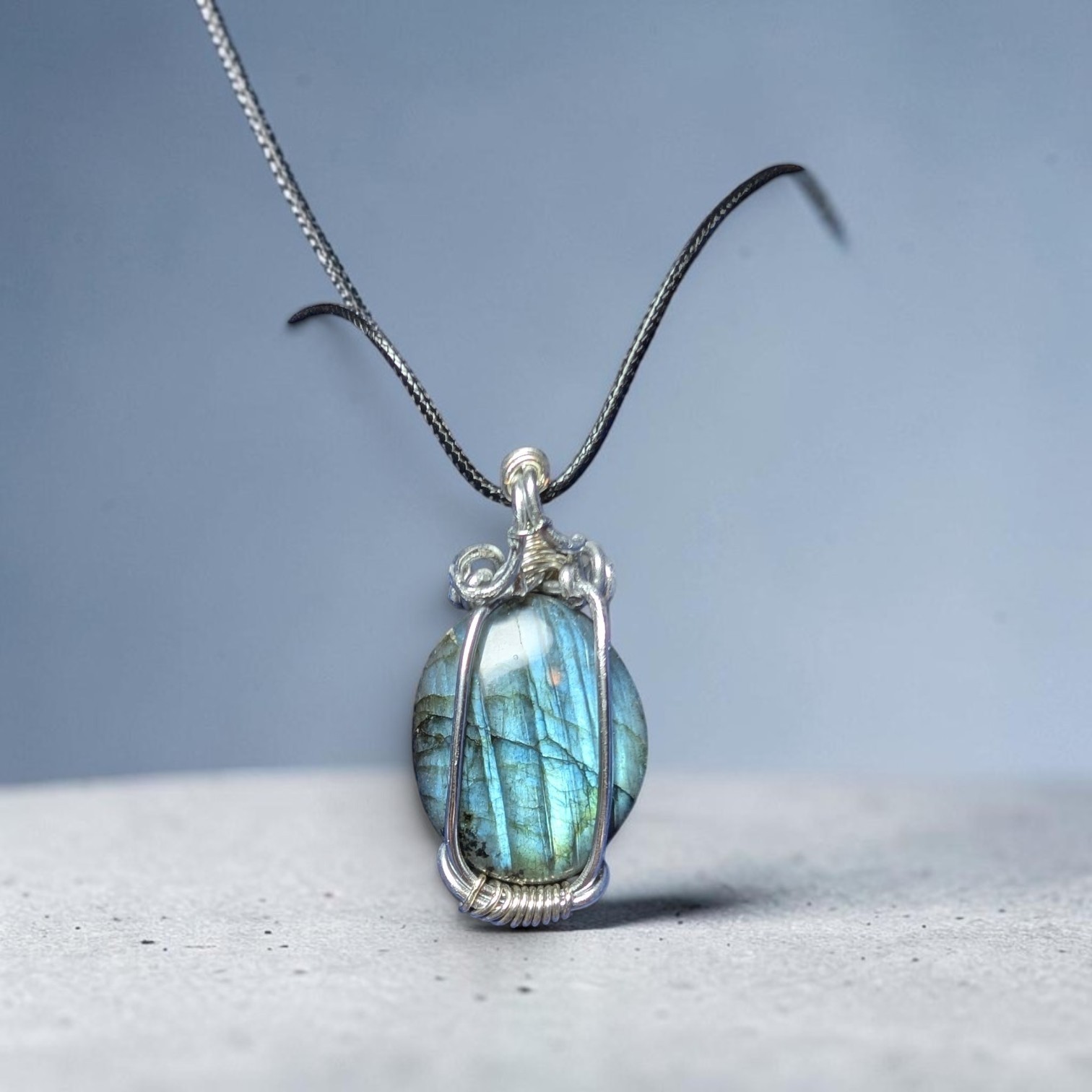 Wire Wrapped Oval Labradorite Pendant Necklace, Silver Tone Snake Chain