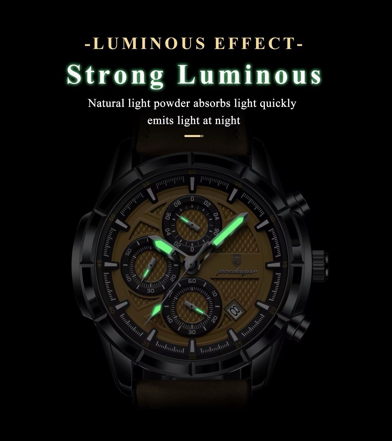 POEDAGAR Men’s Quartz Chronograph Date Luminous Analog Watch Black Leather