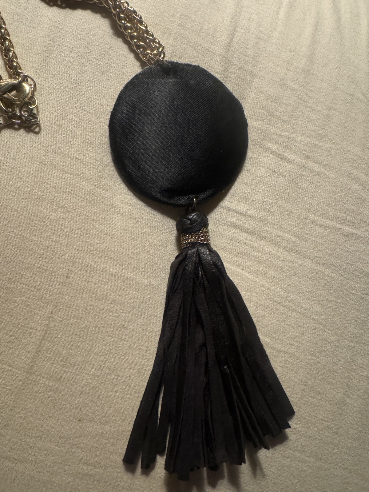 Chico’s Long Leopard Print Medallion Black Tassel Necklace 34″ Gold Tone