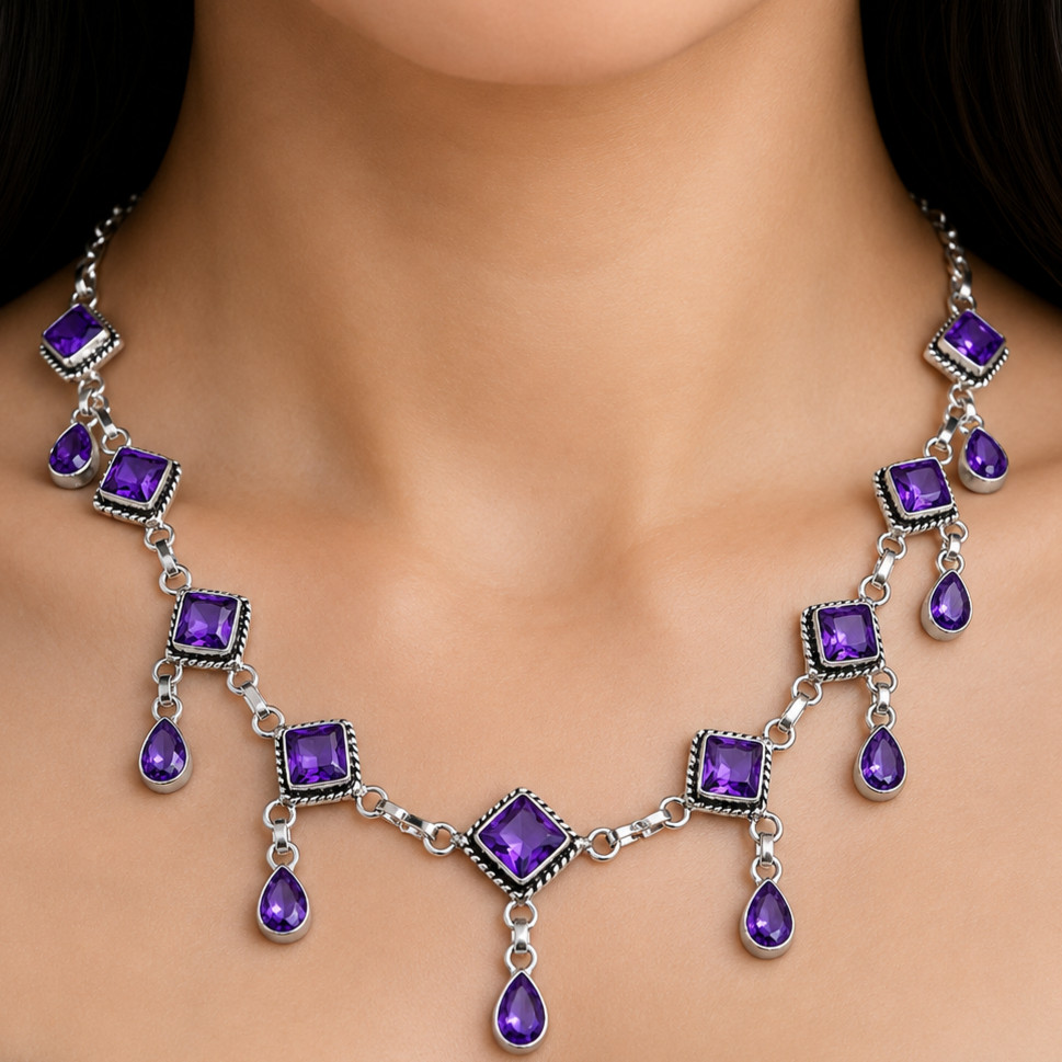Purple Amethyst Gemstone Handmade 925 Sterling Silver Jewelry Necklace Sz-17-18″