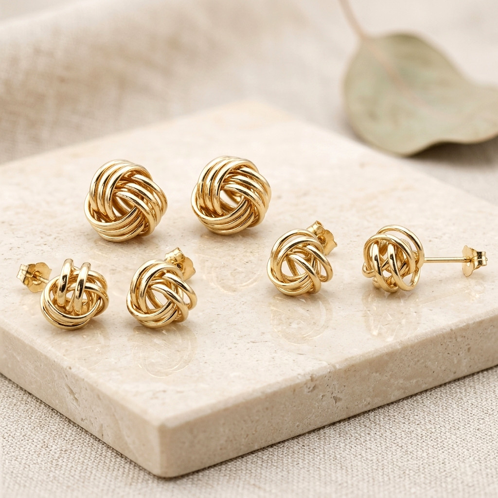 14K Real Solid Gold Polished Love Knot Sleeper Studs Earrings Push-back 9mm