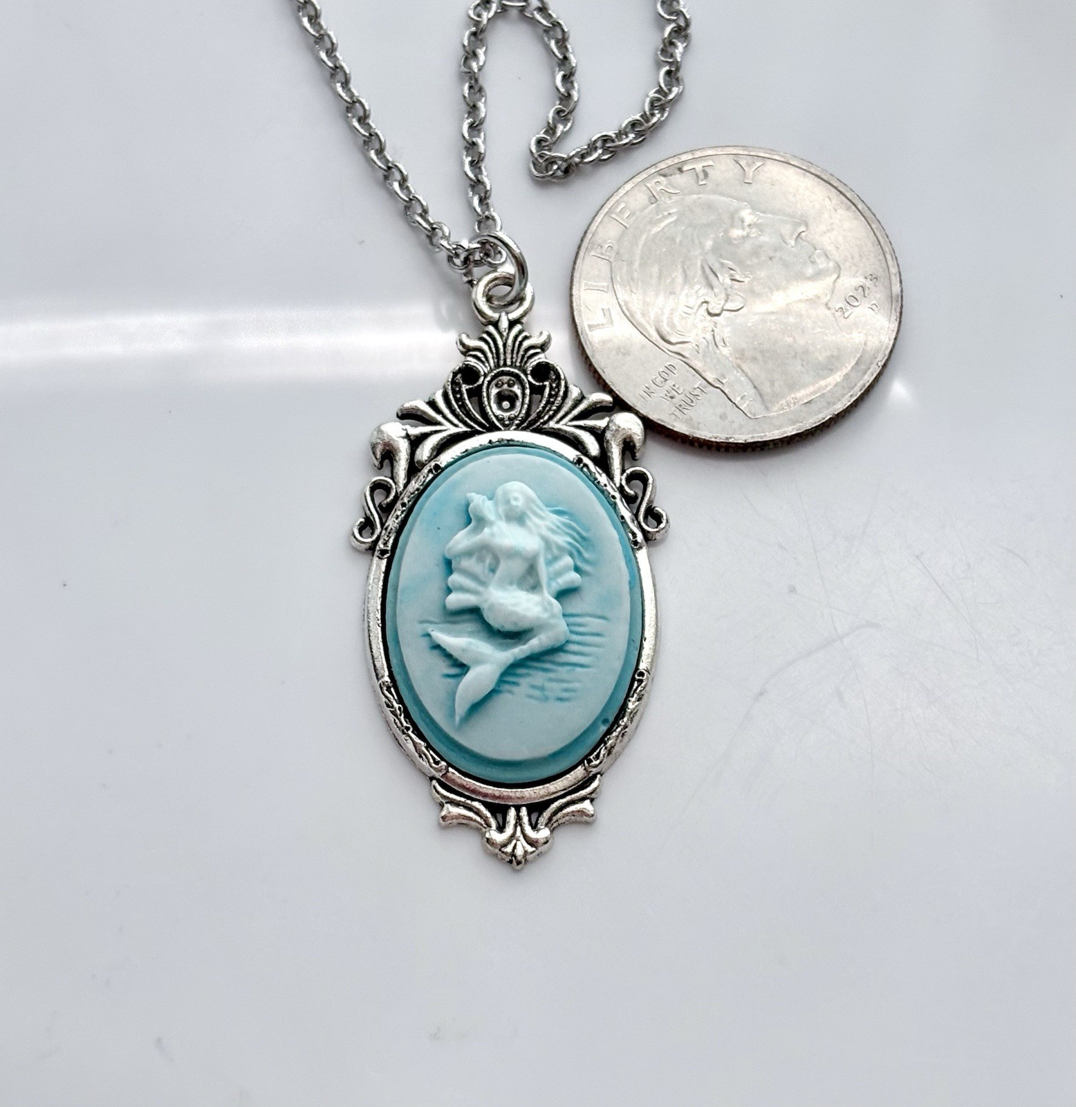Mermaid Cameo Necklace, White on Bright Baby Blue, Hand Painted
