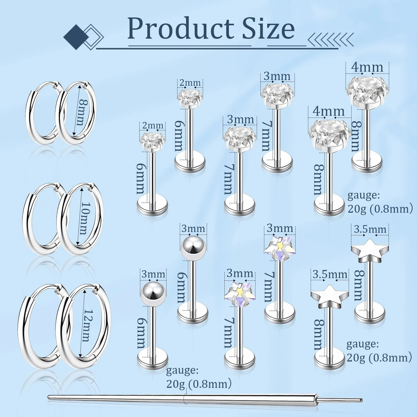 jagosen Flat Back Stud Earrings Cartilage Small, Sliver-20G(0.8mm)