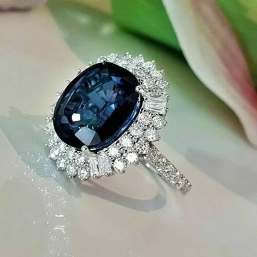Lab Created 4CT Oval Blue Sapphire Halo Engagement Ring 14K White Gold Plated