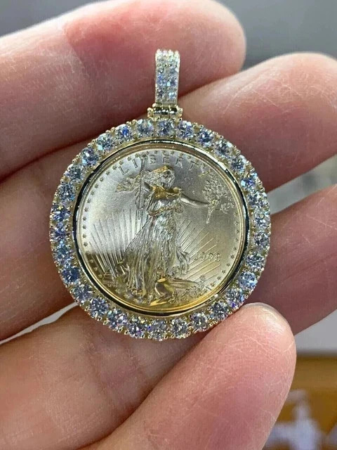 2 Ct Round Cut Lab Created Diamond Liberty Coin Pendant 14K Yellow Gold Plated