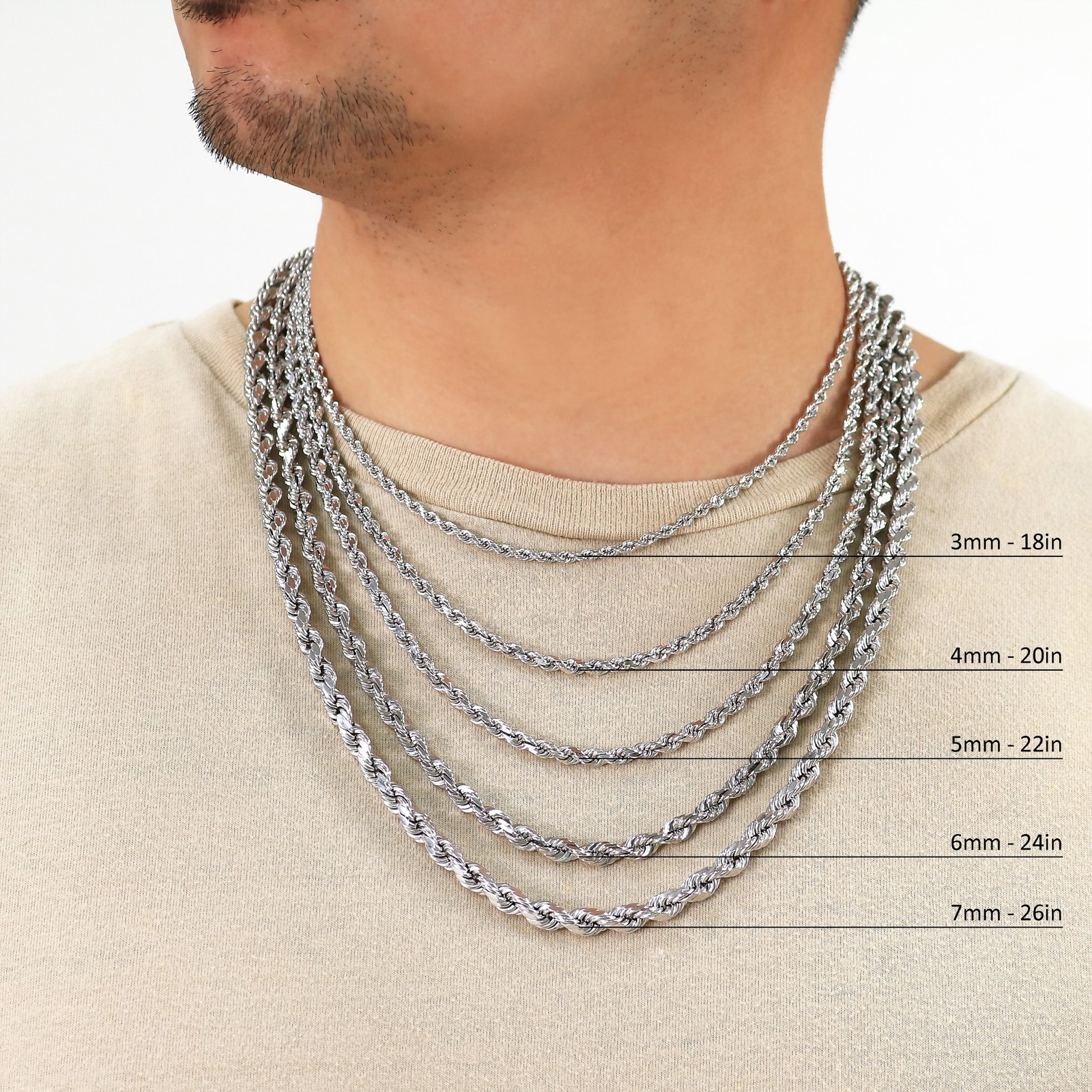 14K White Gold 1.5mm-5mm Diamond Cut Rope Chain Necklace Mens Womens 14″-30″