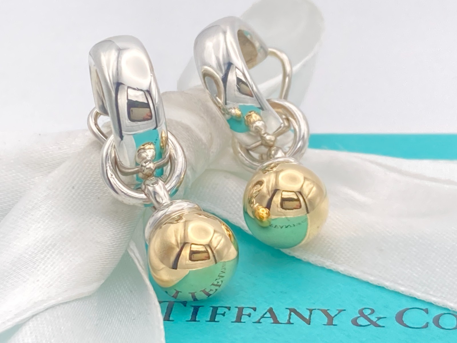 Tiffany & Co. Gold Ball Dangle Clip-on Hoop Earrings Silver 12.0g