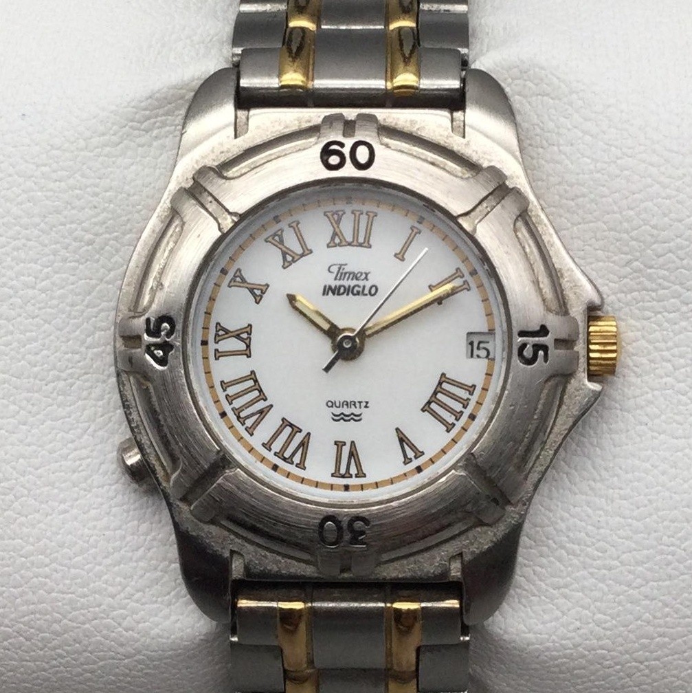 Timex Indiglo Womens Watch 28mm White Dial Two Tone Bracelet New Battery 5.5″