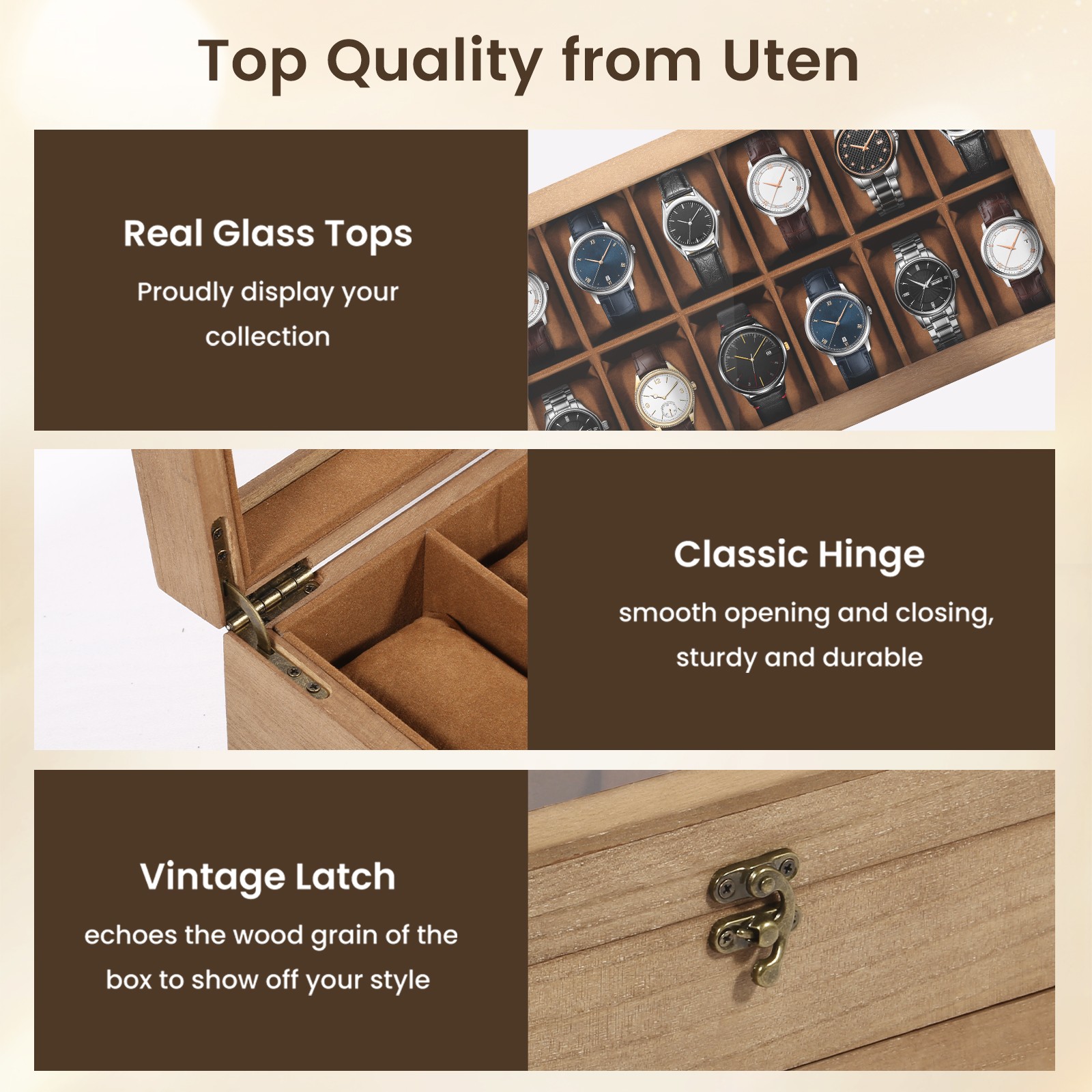 12 Slots Watch Box Solid Wood Organizer Watch Case Jewelry Storage Display Case
