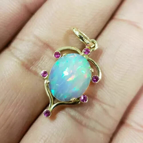 3Ct Oval Opal Ruby Diamond Solitaire Pendant With Chain 14K Yellow Gold Finish