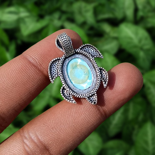 Elegant Larimar Gemstone Tortoise Pendant 925 Silver Plated Gift For Mom Jewelry