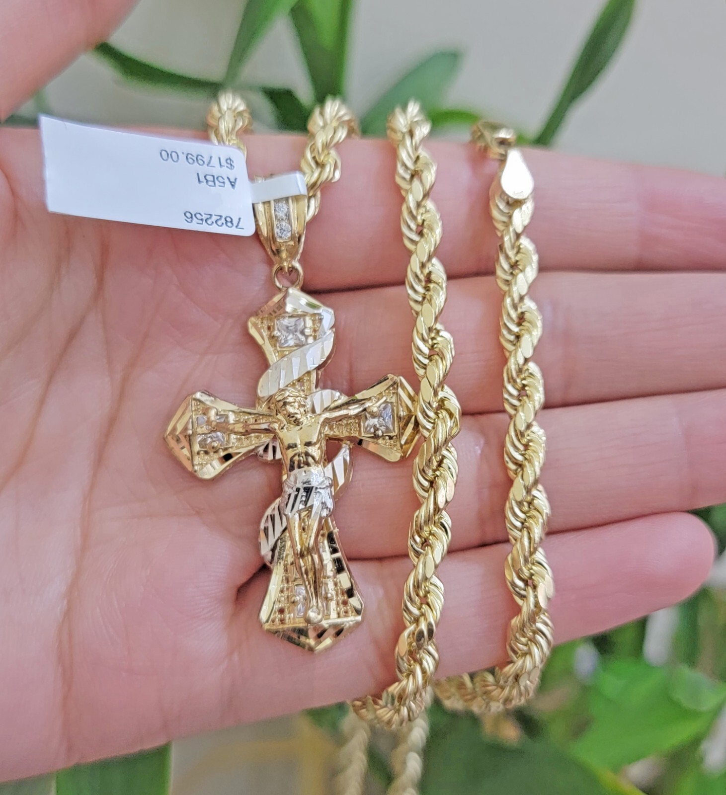 10k Gold Rope Chain Necklace Jesus Cross Charm Pendant Set 18-28″ inch 5mm, REAL