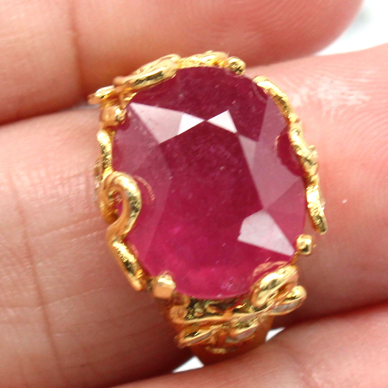 925 Sterling Silver 12 x 15 MM. Red Ruby White Zircon Ring Size 6.75