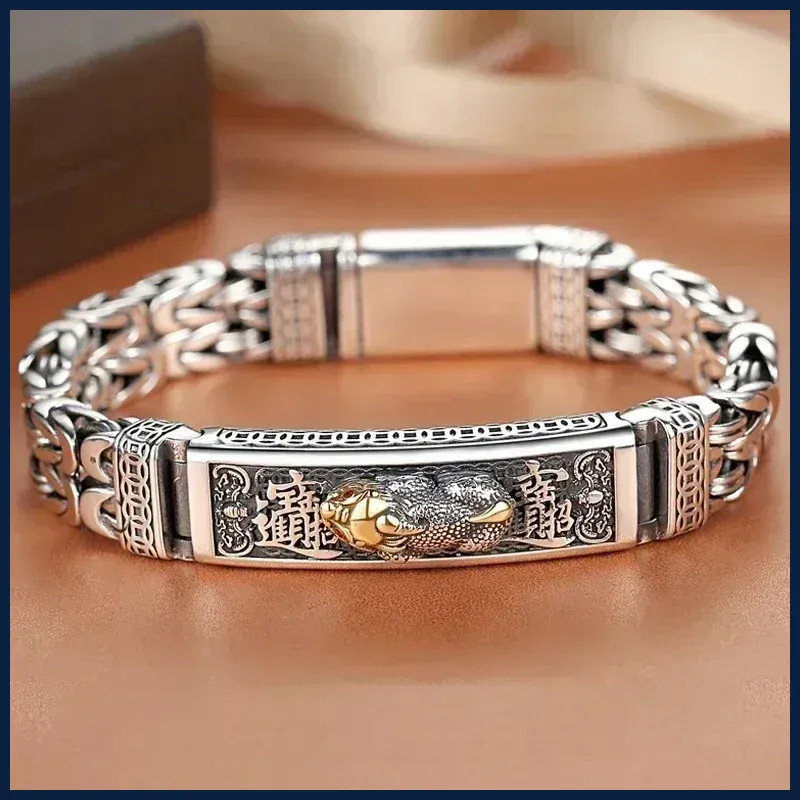 New Silver Color Plain S925 60.5g Silver Men Retro Cross Watch Chain Bracelet