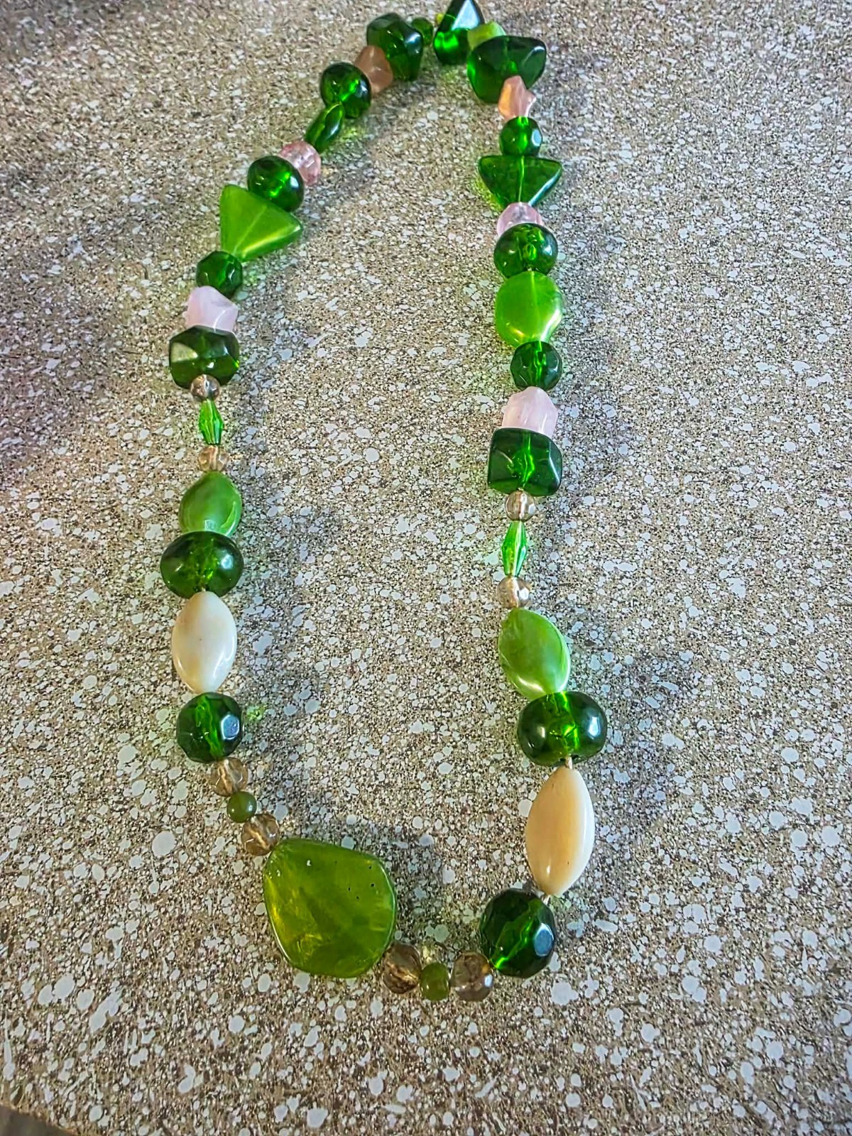 Geometric Beaded Statement Necklace | Green Tone Jewelry | Chunky Boho Piece