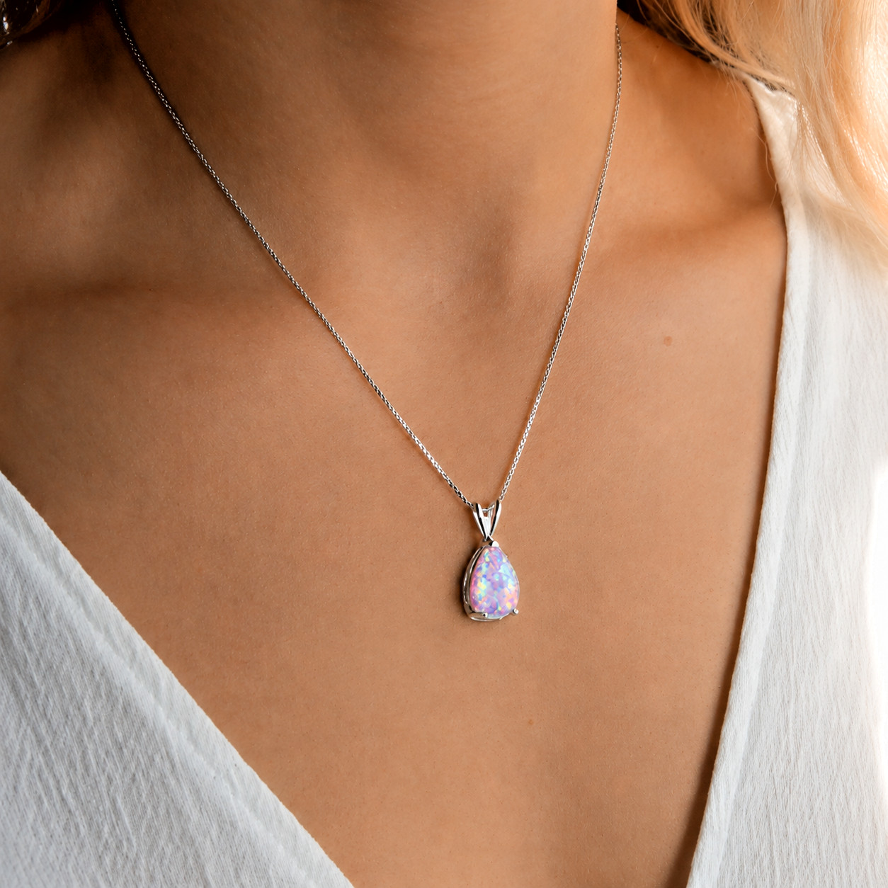 Lavender Opal Necklace Teardrop Pendant Purple Fire Opal Necklace Gift for Her