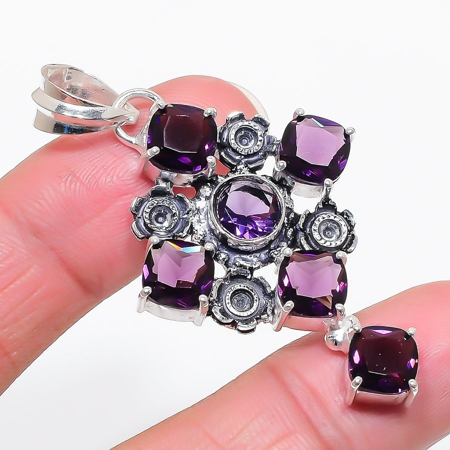 Purple Amethyst Gemstone Handmade 925 Sterling Silver Jewelry Pendant Size 2.5″