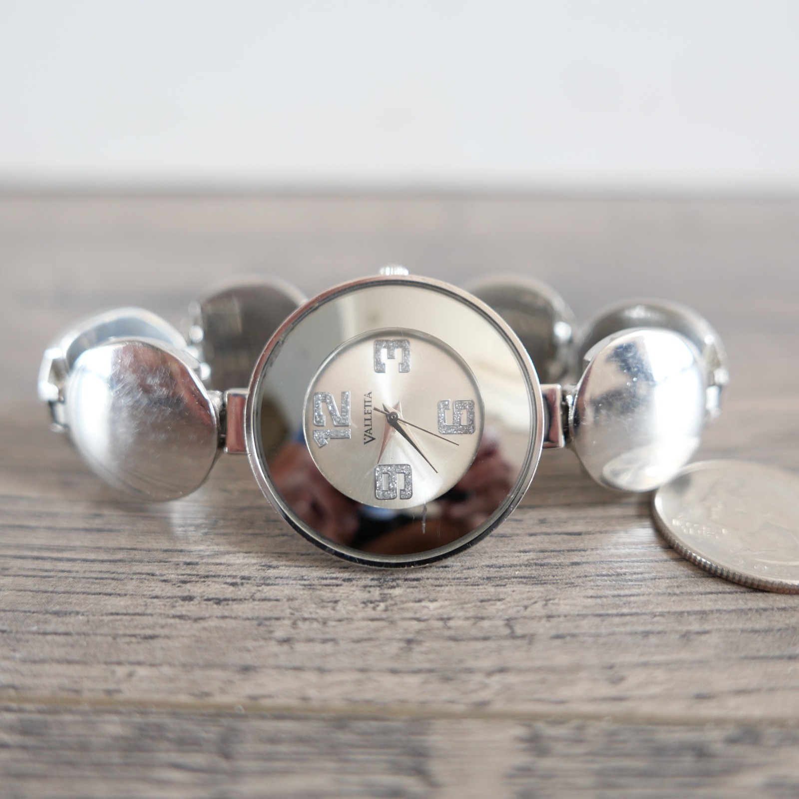 Women Valletta Watch Silver Tone Round Case Large Arabic Indexes Bracelet Band