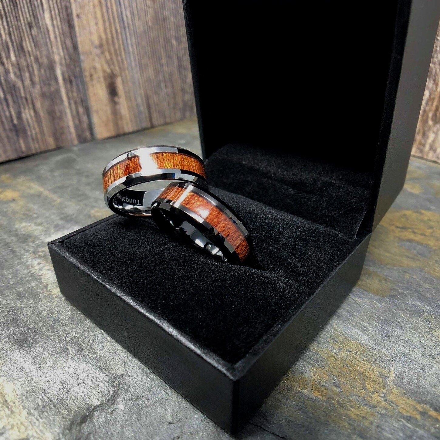 Tungsten Carbide Ring Black Silver Real Koa Wood Inlay Hawaiian Wedding Band