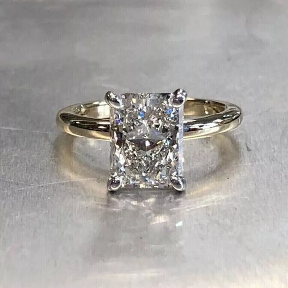 3 Ct Radiant Cut Moissanite Solitaire Engagement Ring 14K Yellow Gold Plated