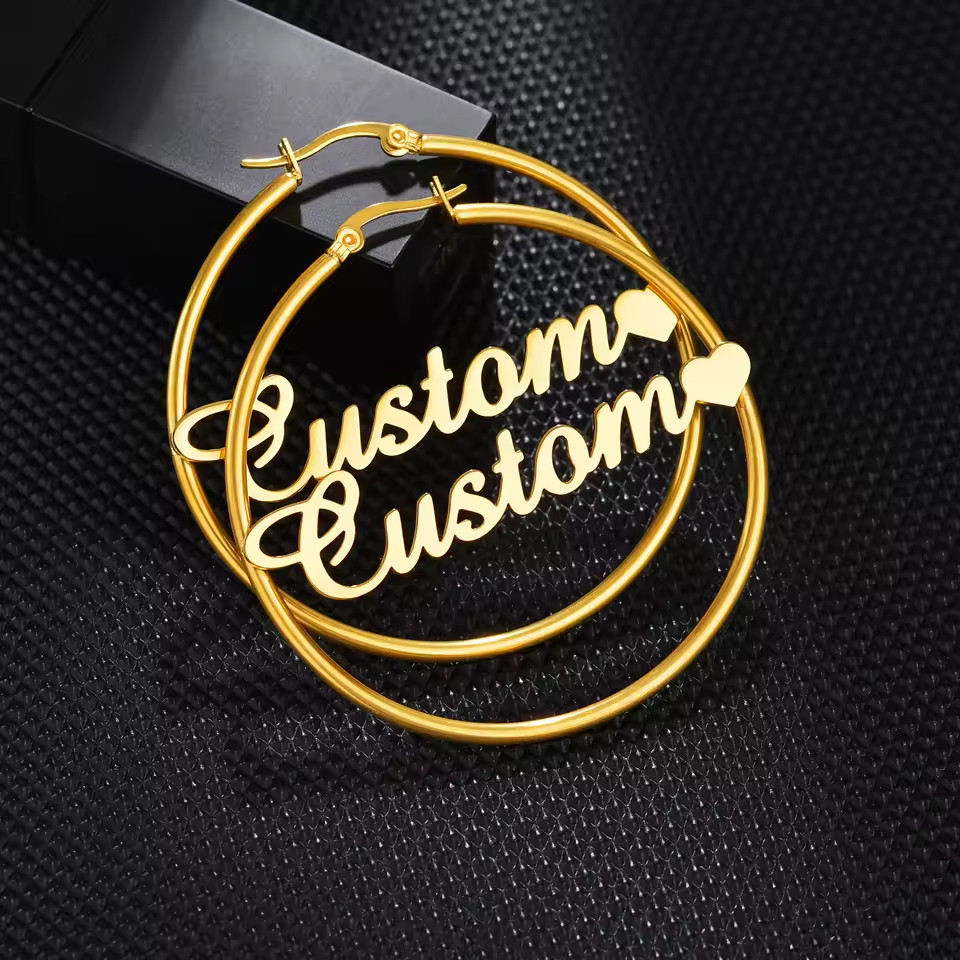 Custom Jewelry Personalized Name Hoop Earrings Pair Women Earlobe Gold Silver