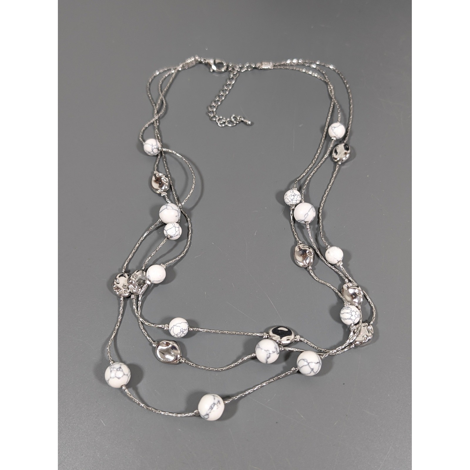 Silver Tone Multi Chain Marble Stone Station Necklace Layered 22.5in