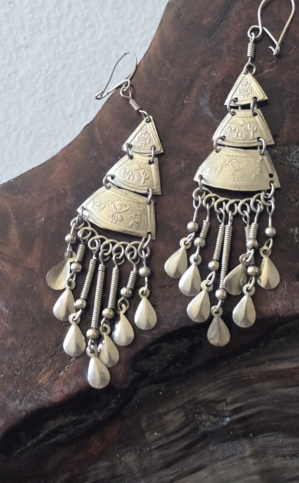 Peruvian Alpaca Silvertone Earrings Handmade Long Dangle Ethnic Inca Lightweight