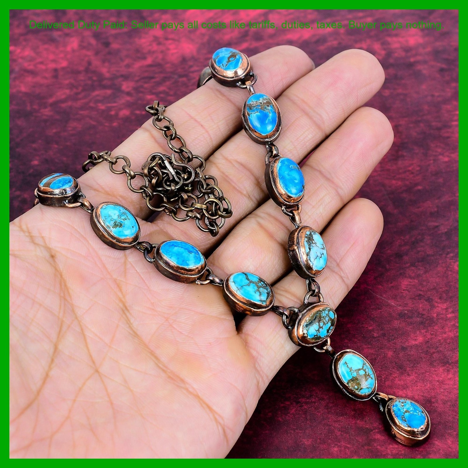 Copper Tibetan Turquoise Gemstone New Electroformed Bezel Chain Necklace Jewelry