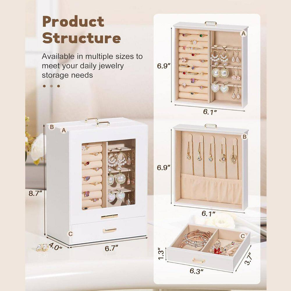 White 7 In. X 9 In. Polyurethane Modern Jewelry Box with 3-Drawers