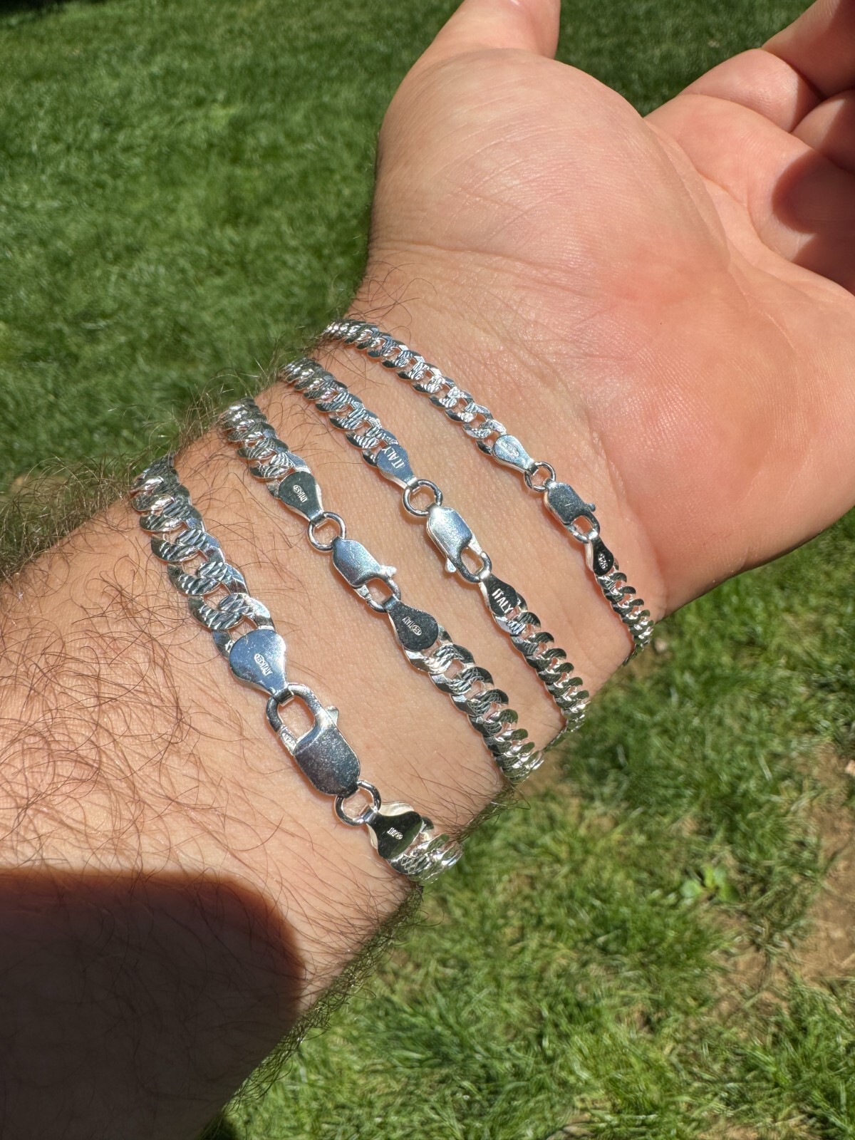 Real Solid 925 Silver Flat Diamond Cut Curb Cuban Link Bracelet 4-8mm