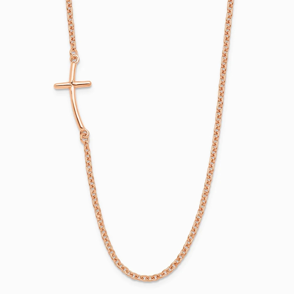 Sterling Silver Rose Gold-Plated Small Off-Set Sideways Curved Cross Necklace