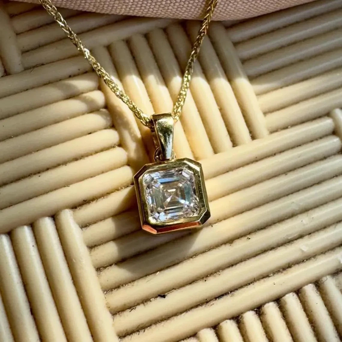 2 CT Asscher Cut Bezel Moissanite Wedding Pendant 14K Yellow Gold Plated For Her