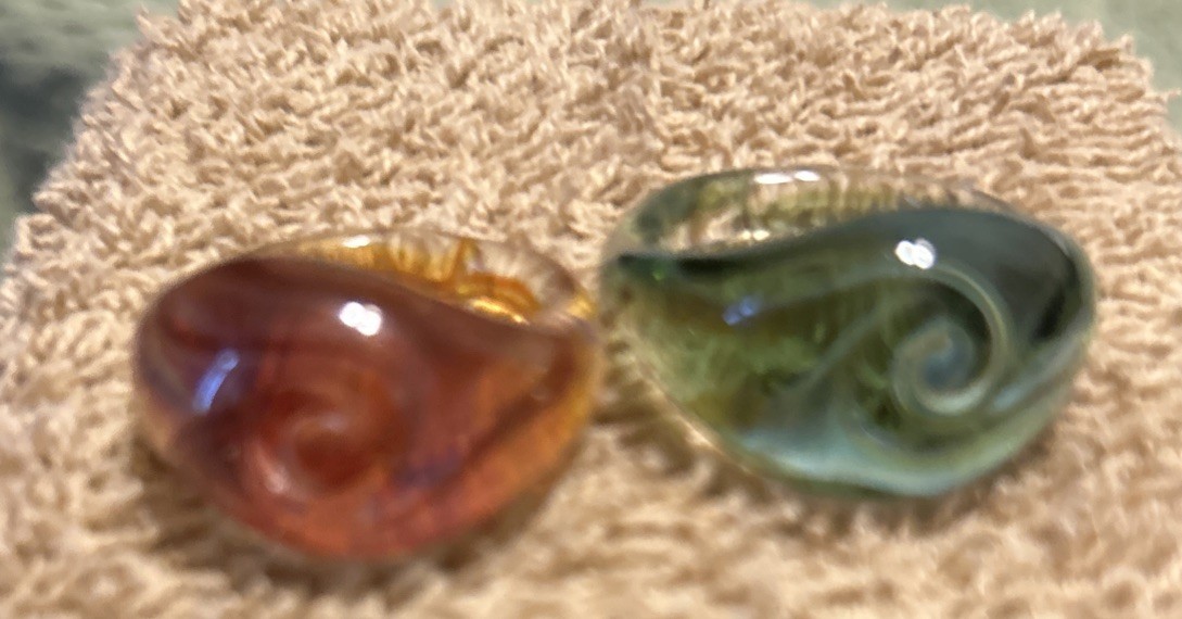 Set Of 2 Bohemian Orange And Green Hand Blown Glass Bling Rings