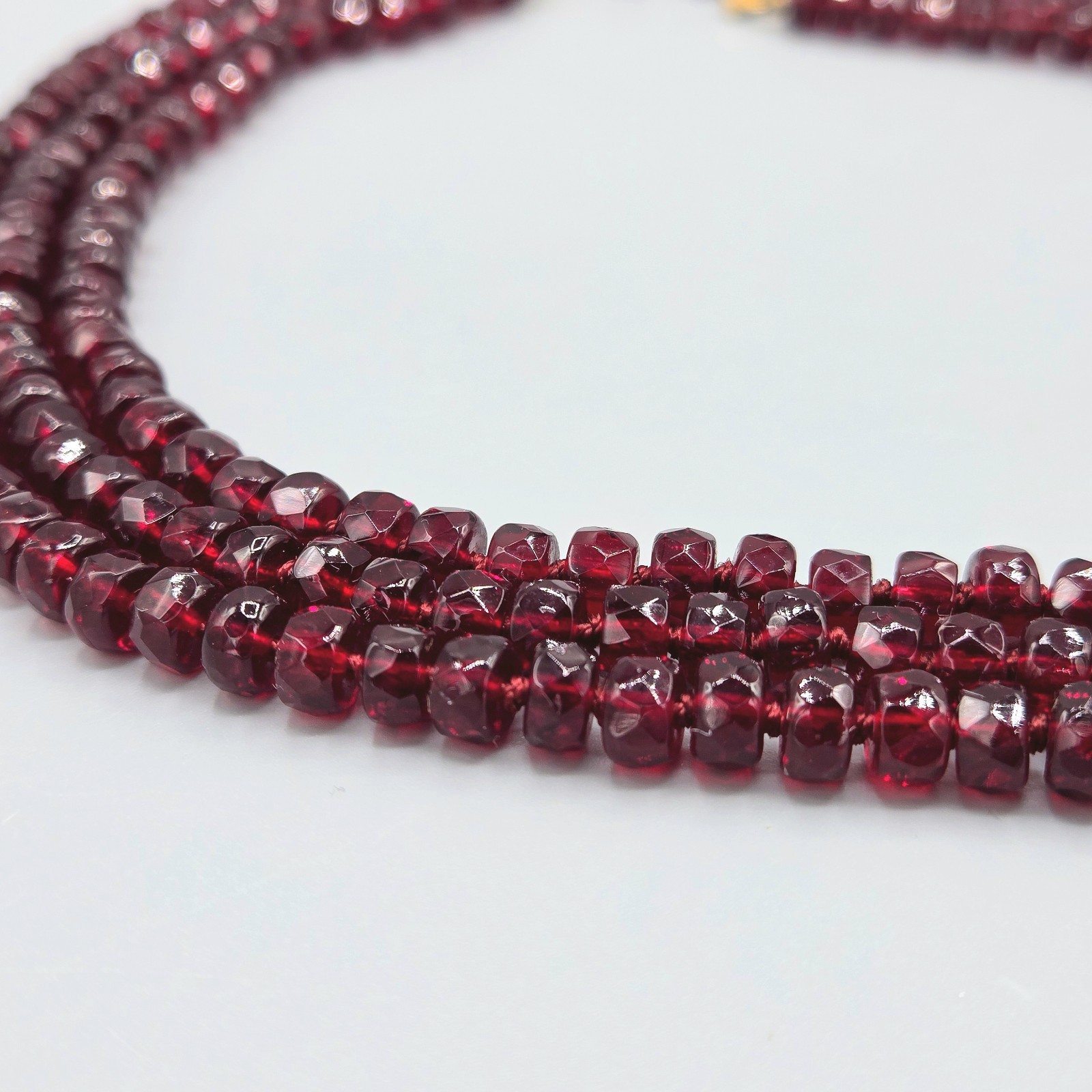 3 Strand Layered Hand Knotted Faceted Rondelle Garnet Glass Bead Necklace 17″