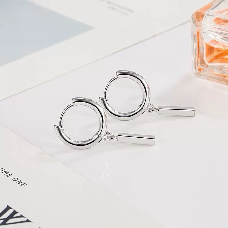 925 Silver Dangle Bar Huggie Hoop Earrings Dainty 11mm Small Drop Earrings 052