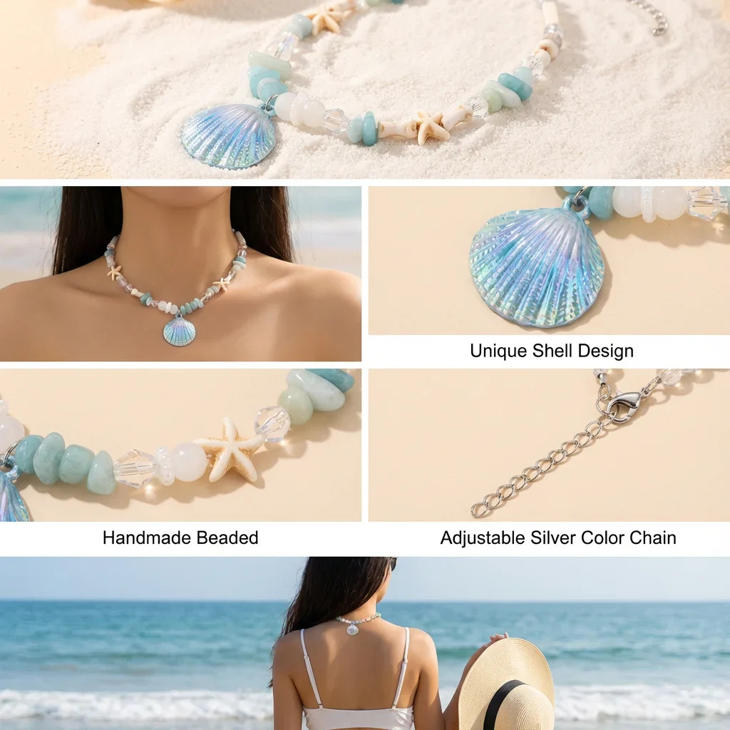 Boho Y2K Cute Shell Starfish Necklace for Women 2026 Summer Beach Vibe Beaded Ch
