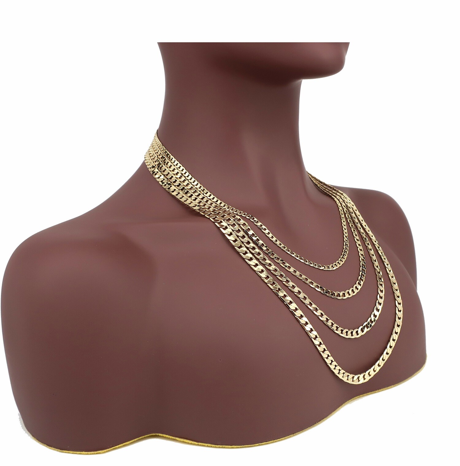 Yellow Flat Cuban link Chain Necklace Bracelet 3.5mm to 6mm 14K Gold Plated