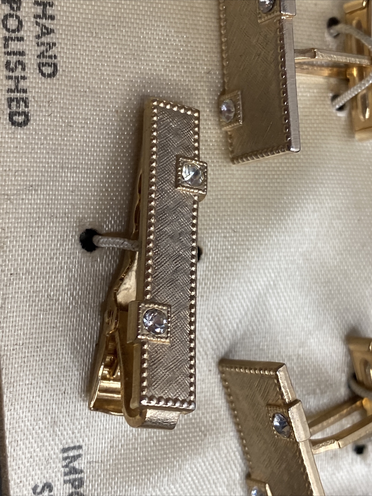 Vintage New 3 pc Set Tie Clip + Cufflinks Hand Polished Goldtone Imported Stones